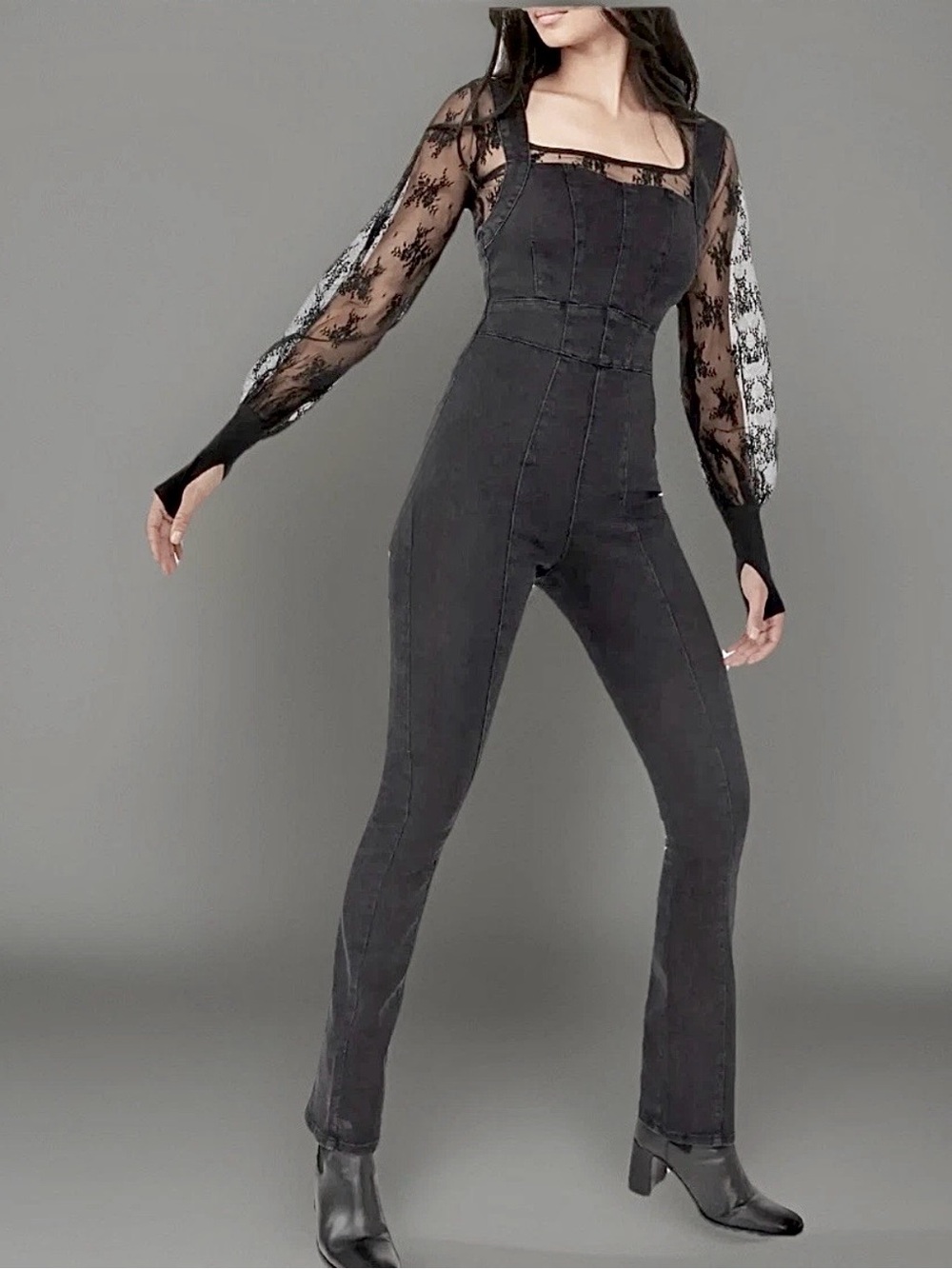 Free People We The Free NWOT Light My Fire Charcoal Black Jumpsuit Overalls, Med - Picture 3 of 12